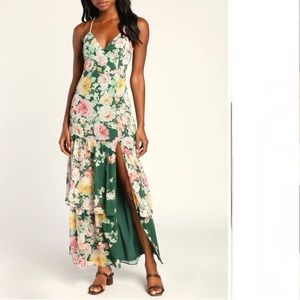 Lulus Effortless Energy Green Floral Print Asymmetrical Maxi Dress small